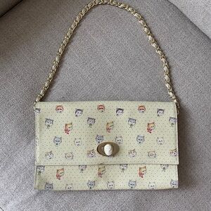 Franche Lippée Chic Cream Cat Print Leather Shoulder Bag